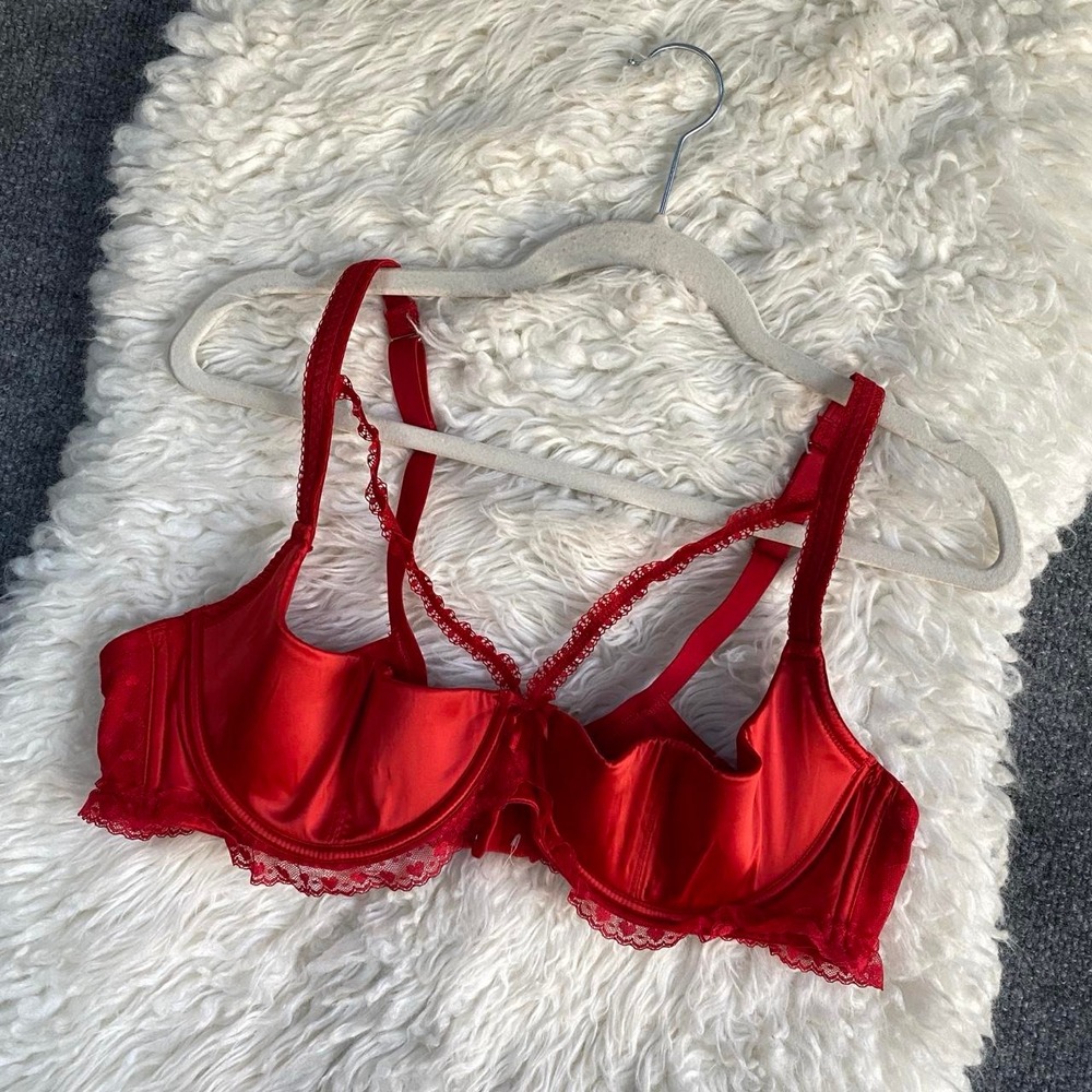 SAVAGE FENTY ADAM SELMAN RED QUARTER CUP DEMI BRALETTE SATIN HEART MESH